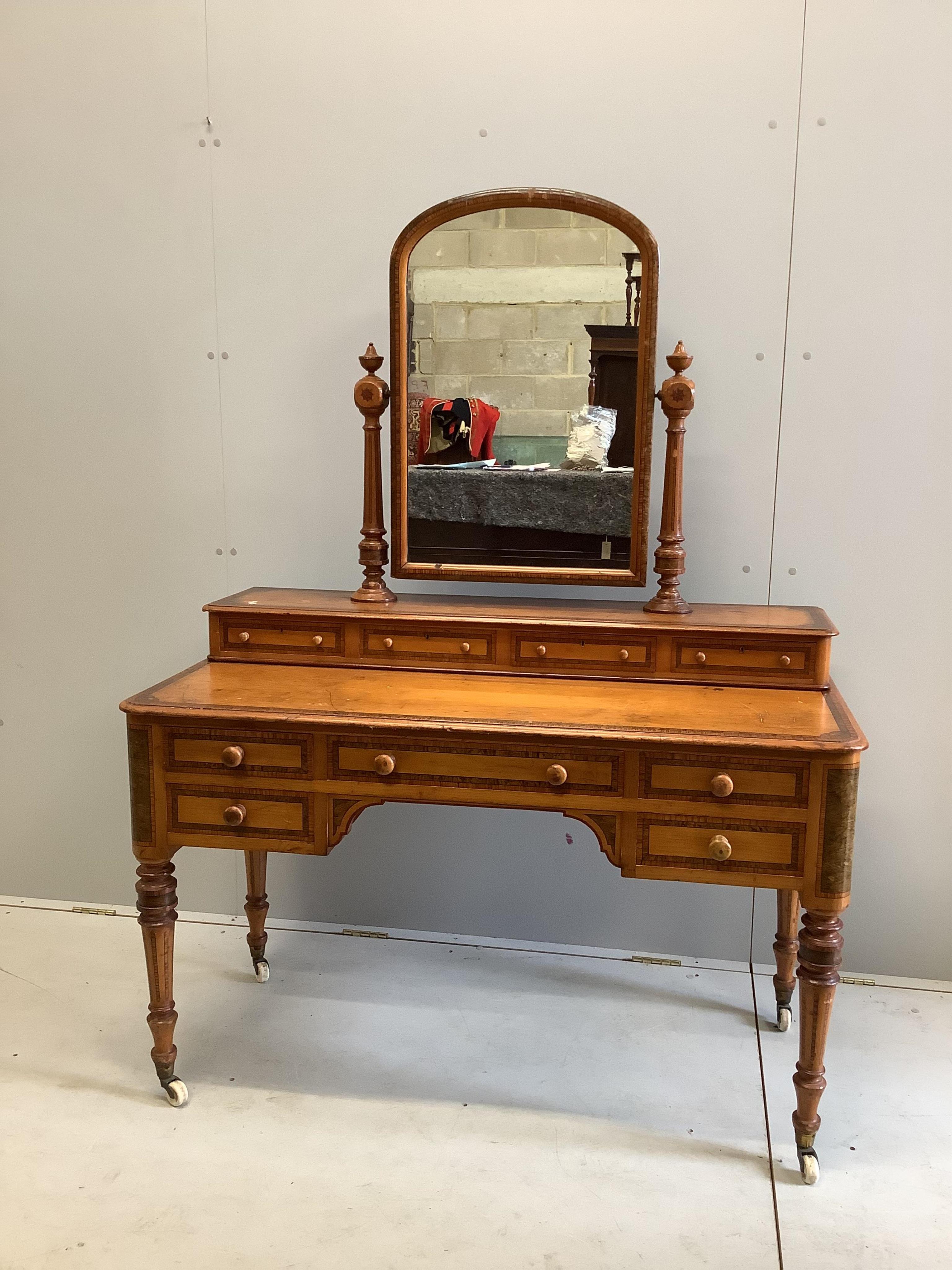 A Victorian painted pine kneehole dressing table, width 121cm, depth 58cm, height 160cm. Condition - fair